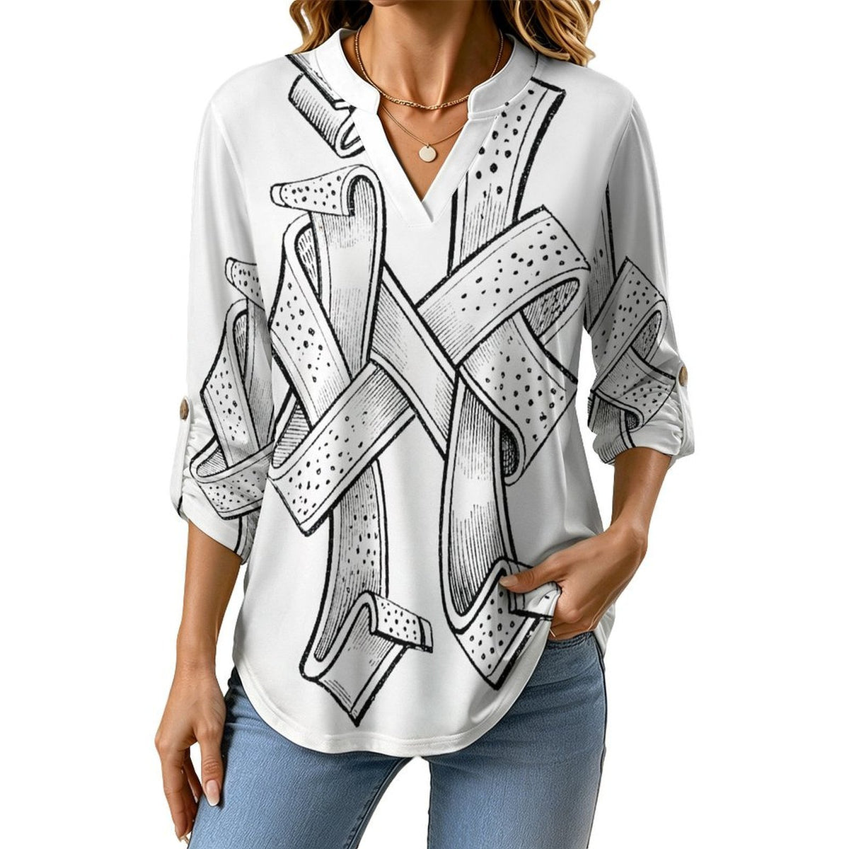 Stand-up Collar Long-sleeved Shirt Winding, Crossing  Customization Women’s V-Neck Blouses,long Sleeve,Roll-Up Sleeve Shirt