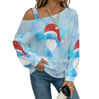Off-the-shoulder Sweater Santa Claus Tie-dyed  Asymmetric Cold Shoulder Knit Sweater for Women, Adjustable Buckle Strap Long Sleeve Casual Slouchy Pullover