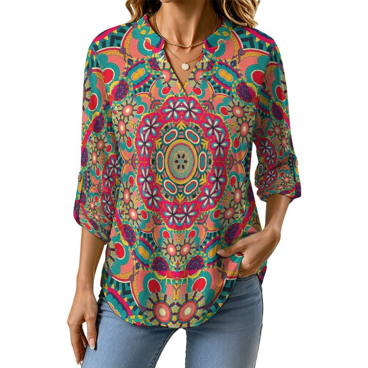 Stand-up Collar Long-sleeved Shirt Summer, Surfing, Seaside  Customization Women’s V-Neck Blouses,long Sleeve,Roll-Up Sleeve Shirt