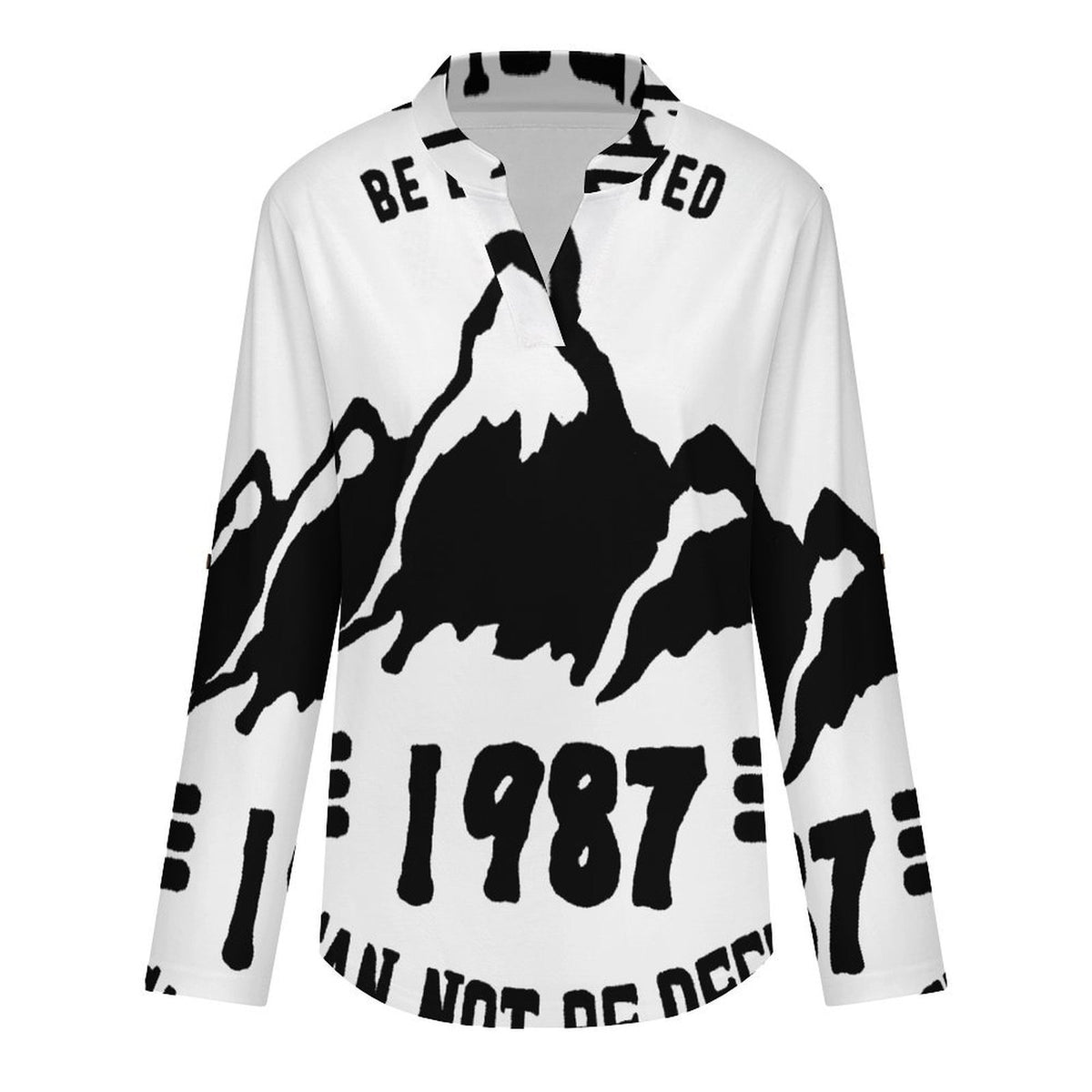 Stand-up Collar Long-sleeved Shirt 1987, Retro Font Design, Mountain Peak  Customization Women’s V-Neck Blouses,long Sleeve,Roll-Up Sleeve Shirt