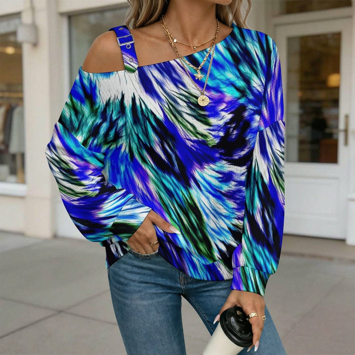 Women’s Off-Shoulder Knit Sweater Colorful Feather Pattern