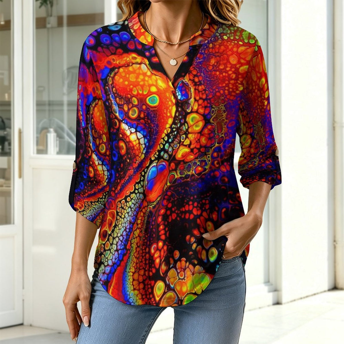 Stand-up Collar Long-sleeved Shirt Bubbles  Customization Women’s V-Neck Blouses,long Sleeve,Roll-Up Sleeve Shirt