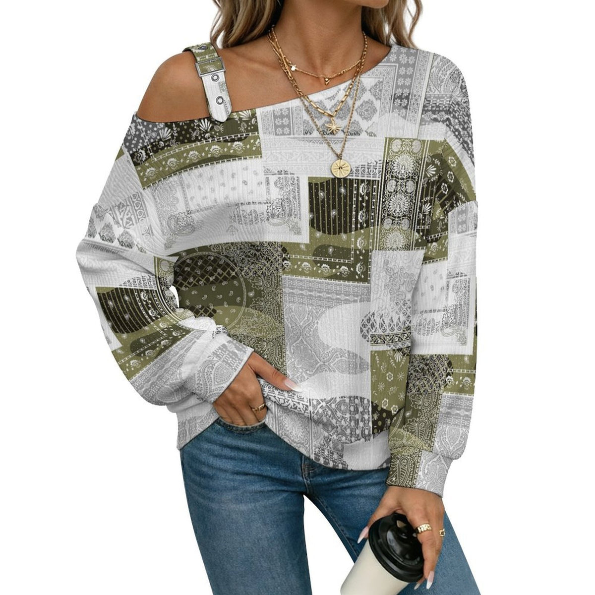 Off-the-shoulder Sweater Exotic Ethnic Patterns  Asymmetric Cold Shoulder Knit Sweater for Women, Adjustable Buckle Strap Long Sleeve Casual Slouchy Pullover