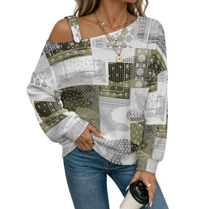 Off-the-shoulder Sweater Exotic Ethnic Patterns  Asymmetric Cold Shoulder Knit Sweater for Women, Adjustable Buckle Strap Long Sleeve Casual Slouchy Pullover