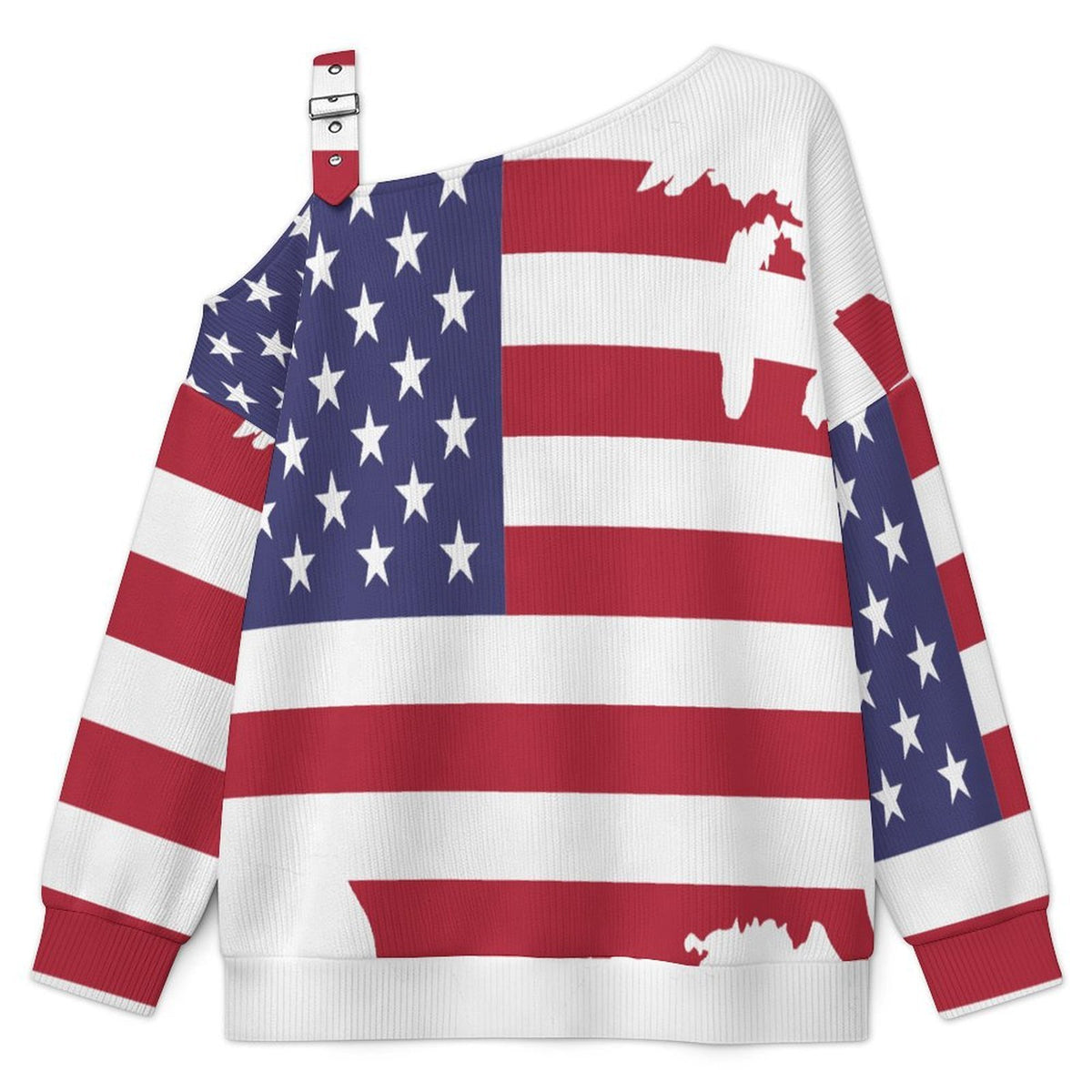 Off-the-shoulder Sweater American Flag Style Map  Asymmetric Cold Shoulder Knit Sweater for Women, Adjustable Buckle Strap Long Sleeve Casual Slouchy Pullover