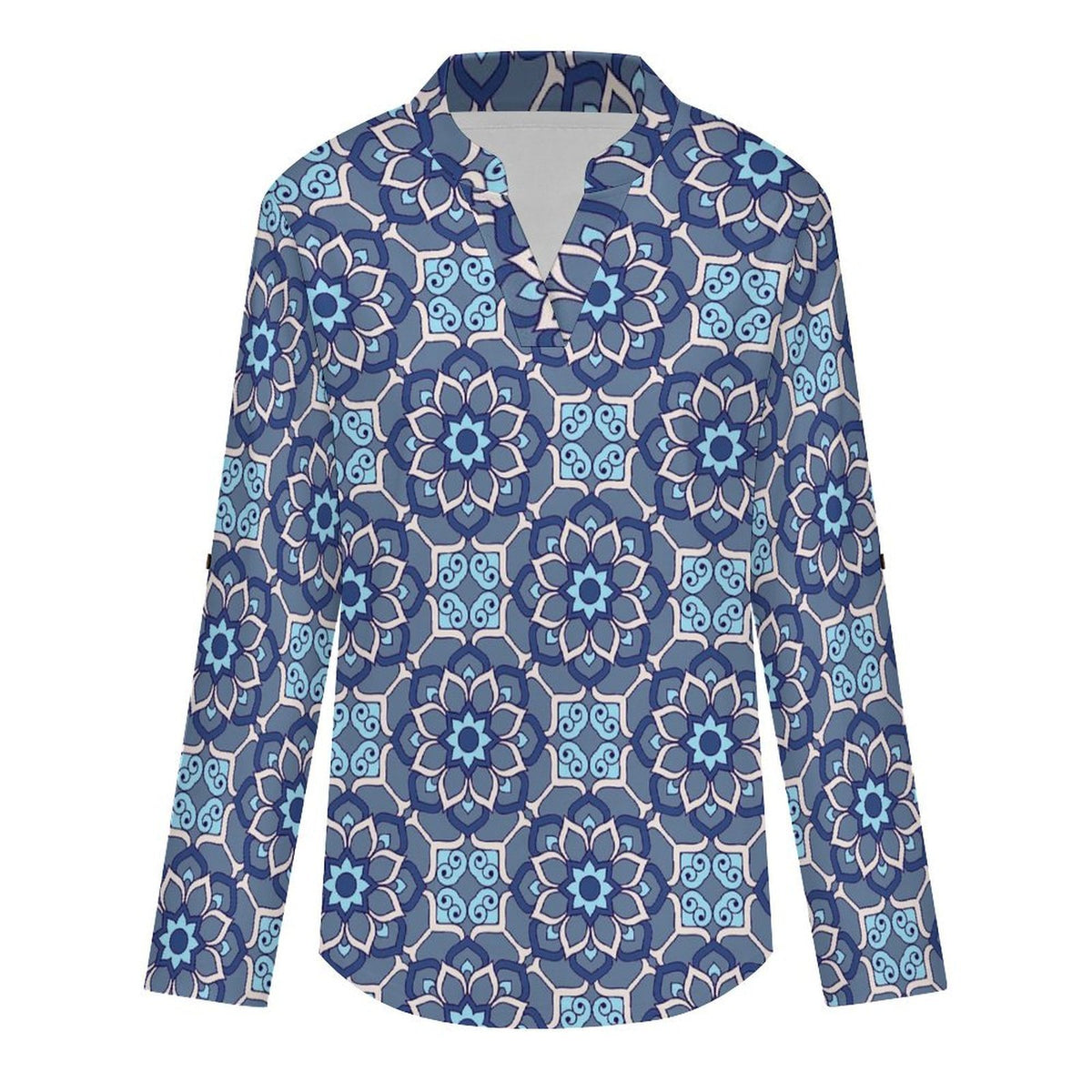 Women Curved Hem V Neck Roll Sleeve Casual Work Top  Batik