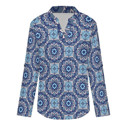 Women Curved Hem V Neck Roll Sleeve Casual Work Top  Batik