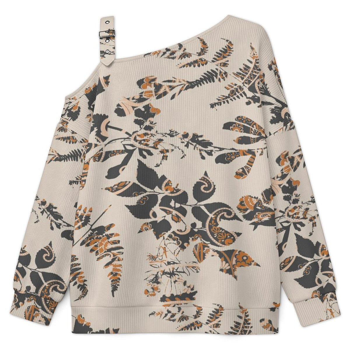 Off-the-shoulder Sweater Exotic Ethnic Pattern  Asymmetric Cold Shoulder Knit Sweater for Women, Adjustable Buckle Strap Long Sleeve Casual Slouchy Pullover
