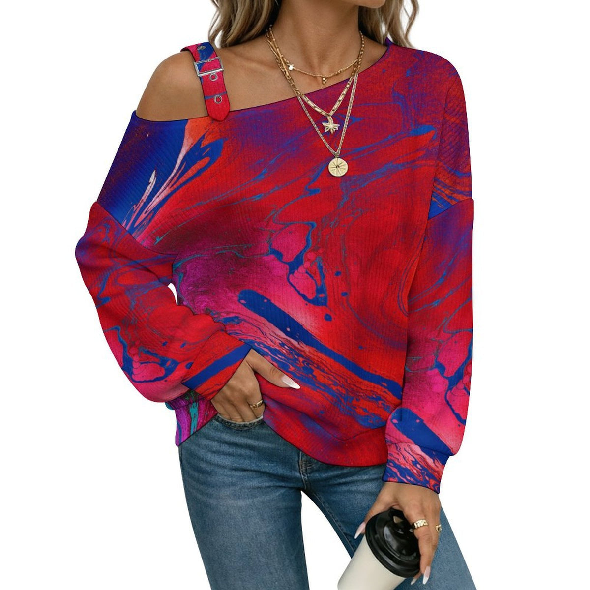 Off-the-shoulder Sweater Red, Blue Water Ripple  Asymmetric Cold Shoulder Knit Sweater for Women, Adjustable Buckle Strap Long Sleeve Casual Slouchy Pullover