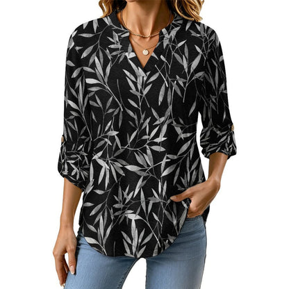 Stand-up Collar Long-sleeved Shirt Plant Leaf  Customization Women’s V-Neck Blouses,long Sleeve,Roll-Up Sleeve Shirt