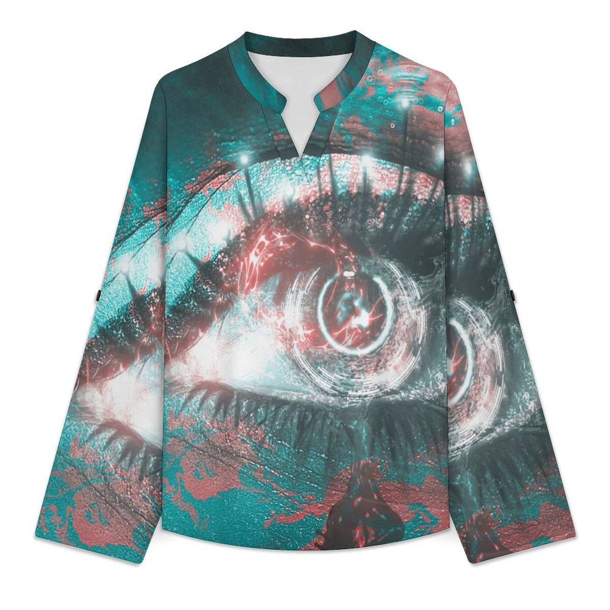 Stand-up Collar Long-sleeved Shirt Blue, Eyes, Abstract Painting  Customization Women’s V-Neck Blouses,long Sleeve,Roll-Up Sleeve Shirt