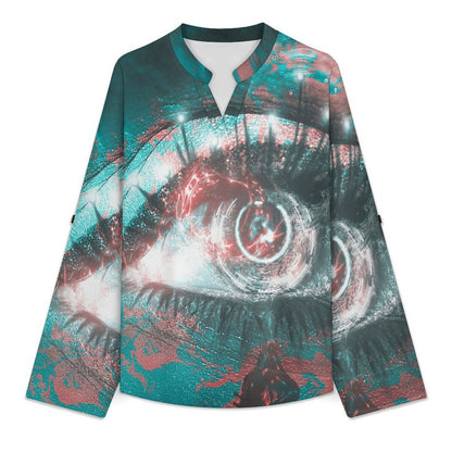 Stand-up Collar Long-sleeved Shirt Blue, Eyes, Abstract Painting  Customization Women’s V-Neck Blouses,long Sleeve,Roll-Up Sleeve Shirt