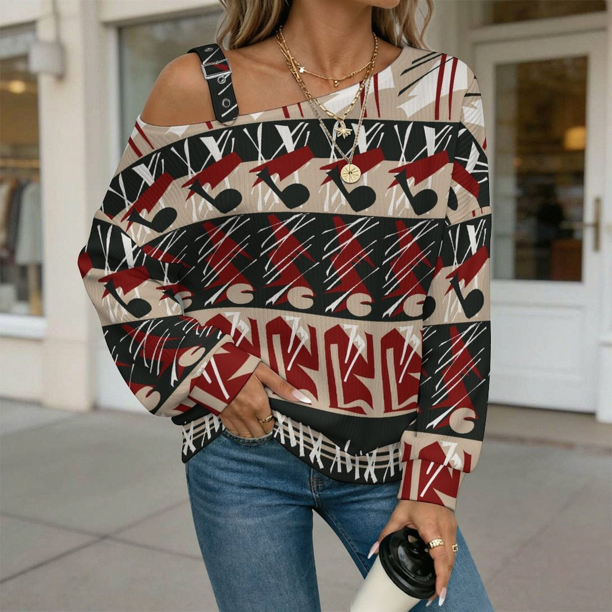 Off-the-shoulder Sweater Pattern  Asymmetric Cold Shoulder Knit Sweater for Women, Adjustable Buckle Strap Long Sleeve Casual Slouchy Pullover