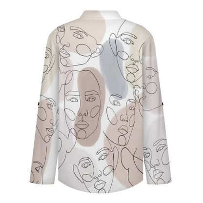 Stand-up Collar Long-sleeved Shirt Character Line Design  Customization Women’s V-Neck Blouses,long Sleeve,Roll-Up Sleeve Shirt