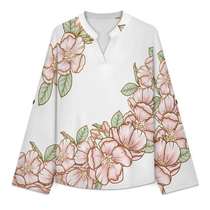 Flowers  Versatile Notched V-Neck Tunic | Roll Tab 3/4 Sleeve Office Casual Top