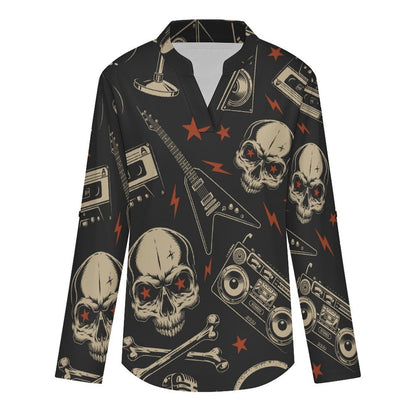 Retro Skull Pattern, Music  Versatile Notched V-Neck Tunic | Roll Tab 3/4 Sleeve Office Casual Top