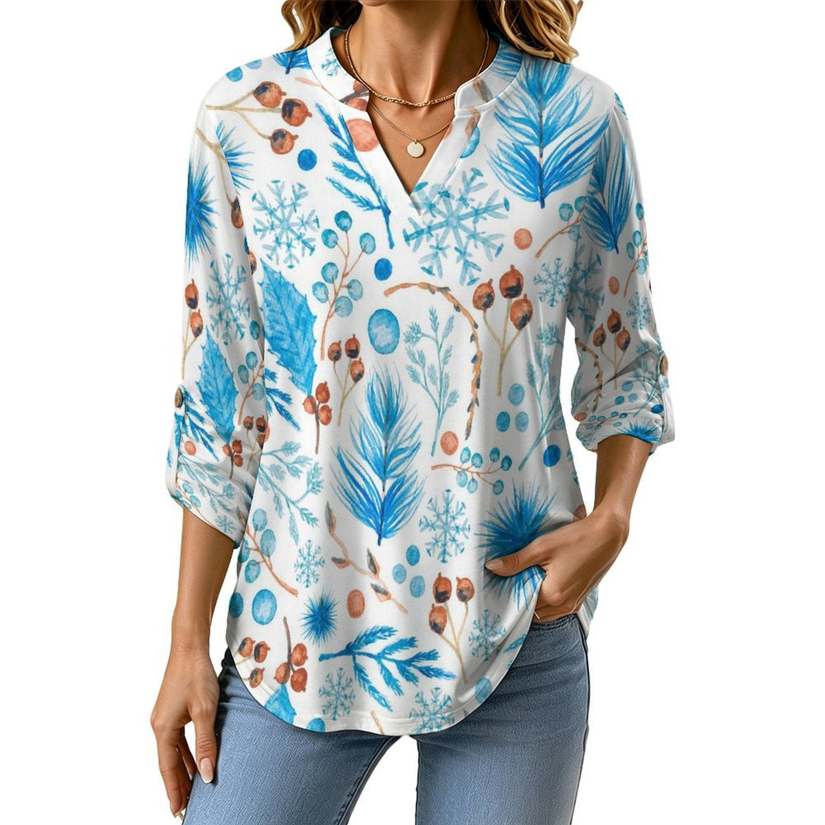 Stand-up Collar Long-sleeved Shirt Blue Leaves And Fruits  Customization Women’s V-Neck Blouses,long Sleeve,Roll-Up Sleeve Shirt
