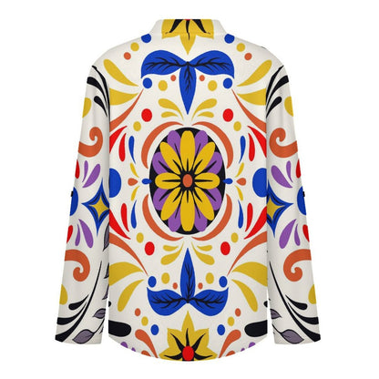 Stand-up Collar Long-sleeved Shirt Mexico Pattern  Customization Women’s V-Neck Blouses,long Sleeve,Roll-Up Sleeve Shirt