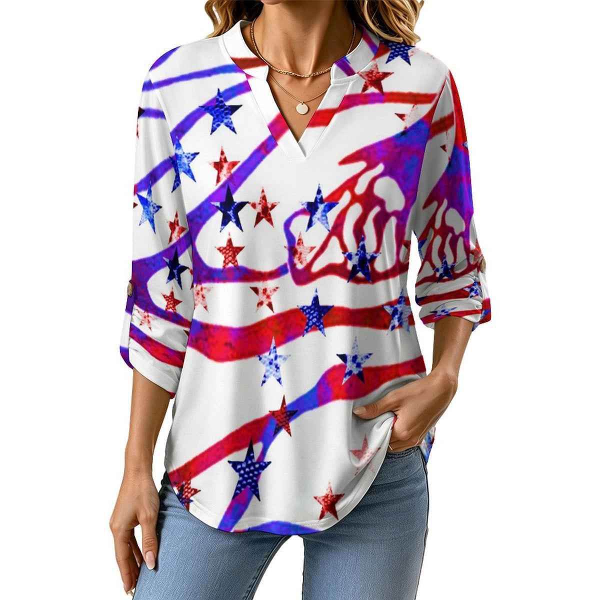 Stand-up Collar Long-sleeved Shirt Flow,American Flag,star  Customization Women’s V-Neck Blouses,long Sleeve,Roll-Up Sleeve Shirt