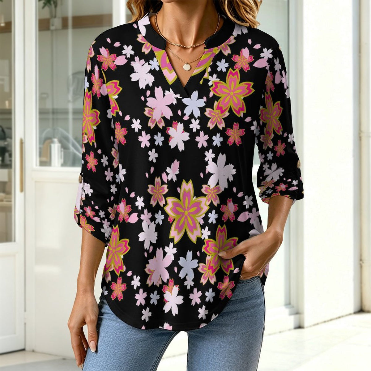 Stand-up Collar Long-sleeved Shirt Black, Pink Cherry Blossoms  Customization Women’s V-Neck Blouses,long Sleeve,Roll-Up Sleeve Shirt