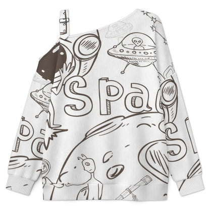 Off-the-shoulder Sweater Simple Sketch, Outer Space, Aliens, Little Monsters  Asymmetric Cold Shoulder Knit Sweater for Women, Adjustable Buckle Strap Long Sleeve Casual Slouchy Pullover