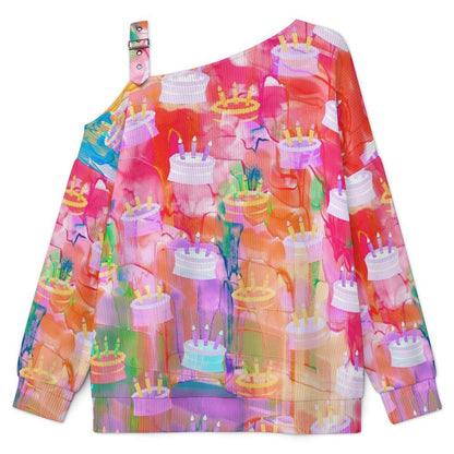 Off-the-shoulder Sweater Tile Colorful Cake  Asymmetric Cold Shoulder Knit Sweater for Women, Adjustable Buckle Strap Long Sleeve Casual Slouchy Pullover