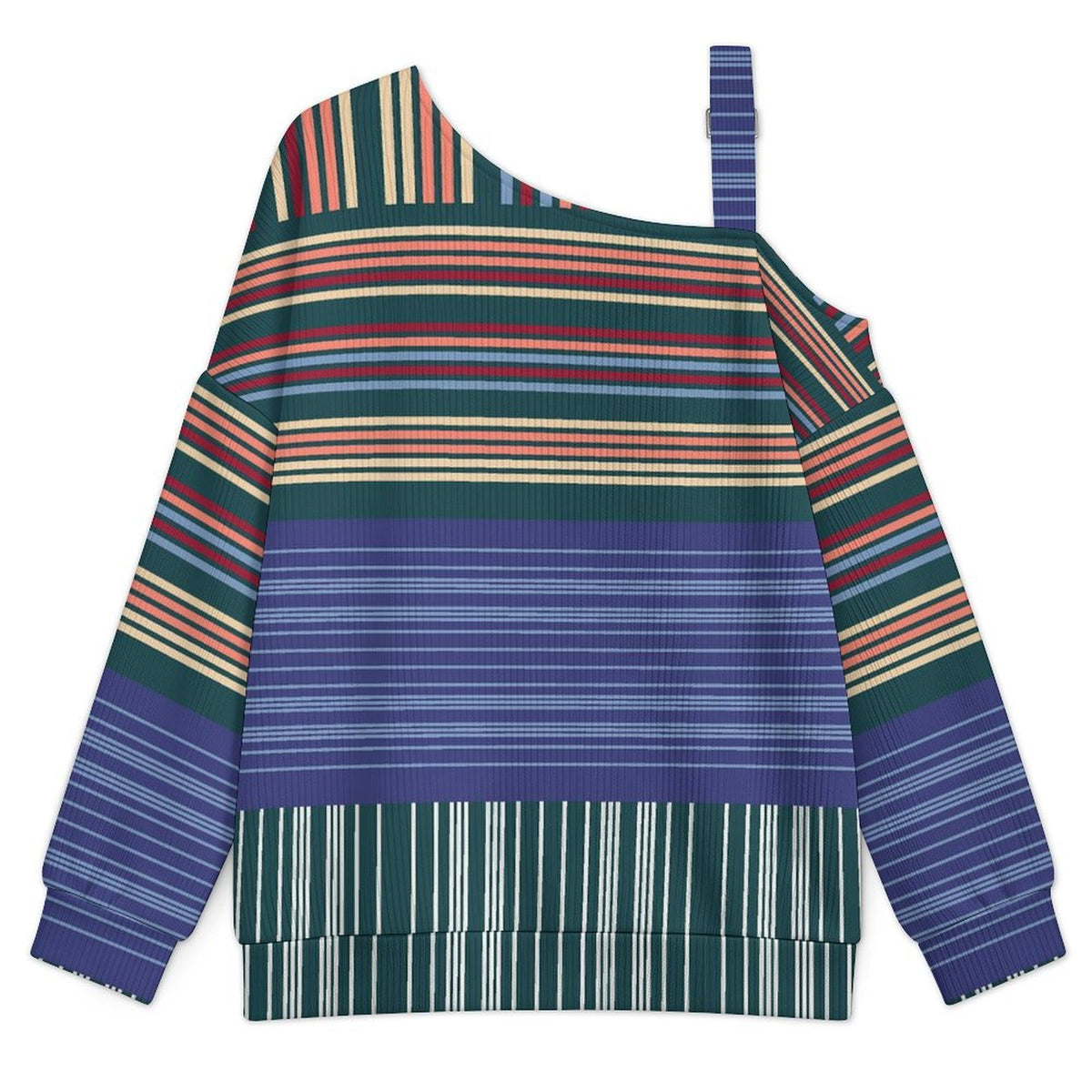 Off-the-shoulder Sweater Fashion Stripe  Asymmetric Cold Shoulder Knit Sweater for Women, Adjustable Buckle Strap Long Sleeve Casual Slouchy Pullover