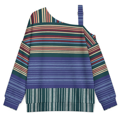Off-the-shoulder Sweater Fashion Stripe  Asymmetric Cold Shoulder Knit Sweater for Women, Adjustable Buckle Strap Long Sleeve Casual Slouchy Pullover