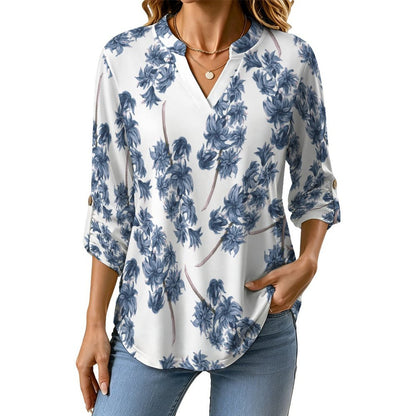 Stand-up Collar Long-sleeved Shirt Purple Flowers, Repeating Pattern  Customization Women’s V-Neck Blouses,long Sleeve,Roll-Up Sleeve Shirt