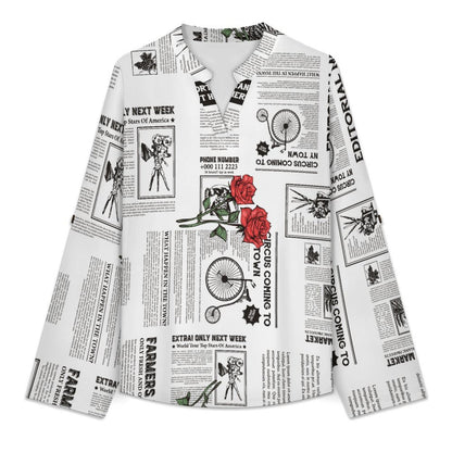 Stand-up Collar Long-sleeved Shirt Newspaper  Red Rose  Customization Women’s V-Neck Blouses,long Sleeve,Roll-Up Sleeve Shirt