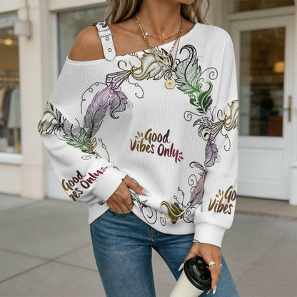 Off-the-shoulder Sweater Good Vibes Only  Asymmetric Cold Shoulder Knit Sweater for Women, Adjustable Buckle Strap Long Sleeve Casual Slouchy Pullover