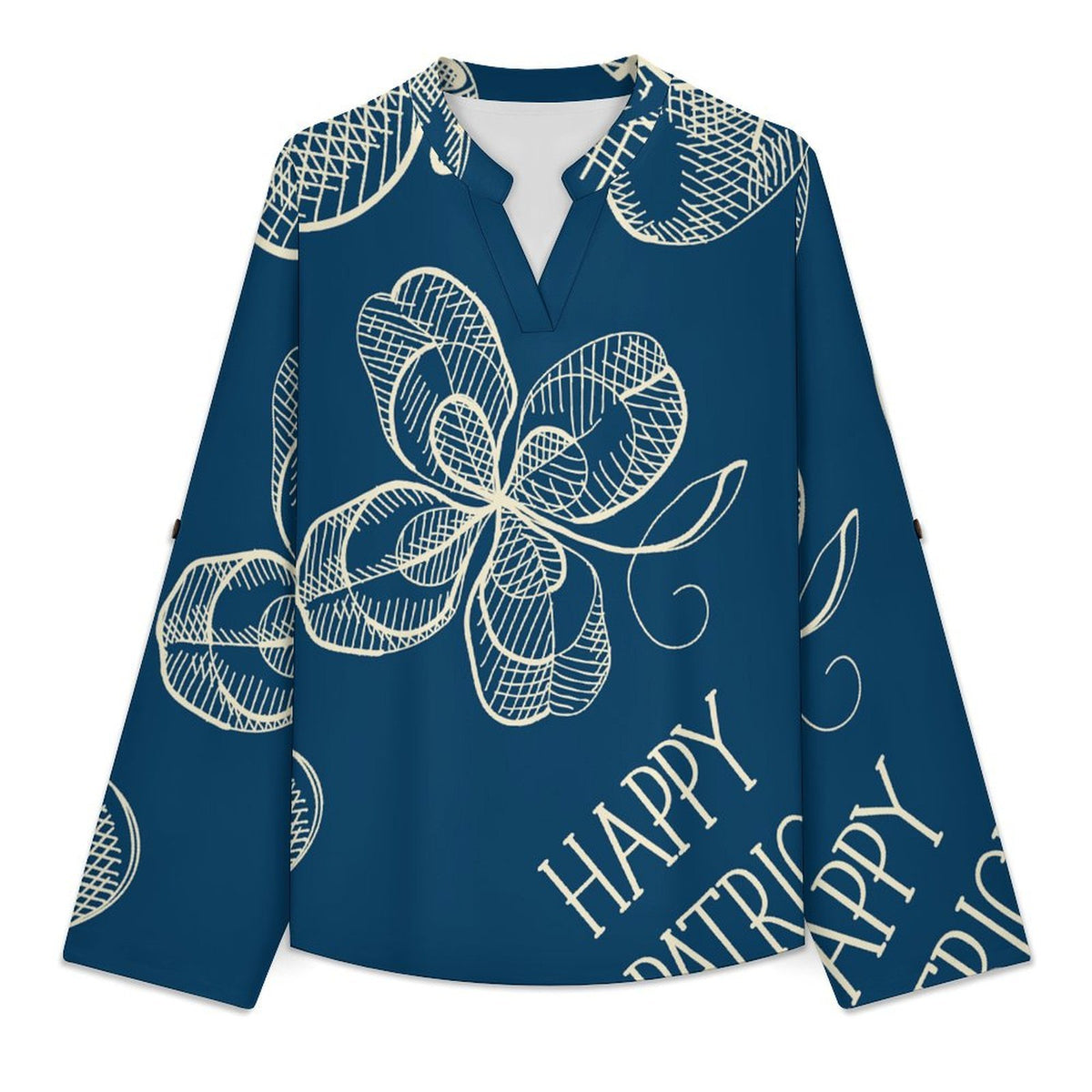 Stand-up Collar Long-sleeved Shirt Blue, St. Patrick's Day, Pattern  Customization Women’s V-Neck Blouses,long Sleeve,Roll-Up Sleeve Shirt