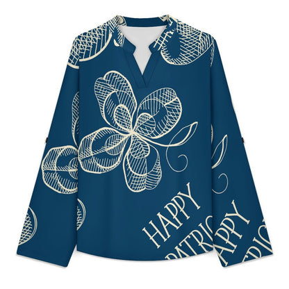 Stand-up Collar Long-sleeved Shirt Blue, St. Patrick's Day, Pattern  Customization Women’s V-Neck Blouses,long Sleeve,Roll-Up Sleeve Shirt