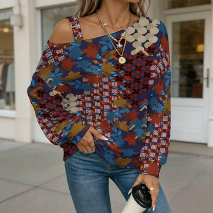 Off-the-shoulder Sweater Exotic Ethnic Pattern  Asymmetric Cold Shoulder Knit Sweater for Women, Adjustable Buckle Strap Long Sleeve Casual Slouchy Pullover