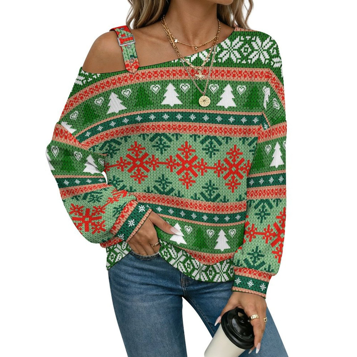 Women’s Off-Shoulder Knit Sweater Christmas Texture