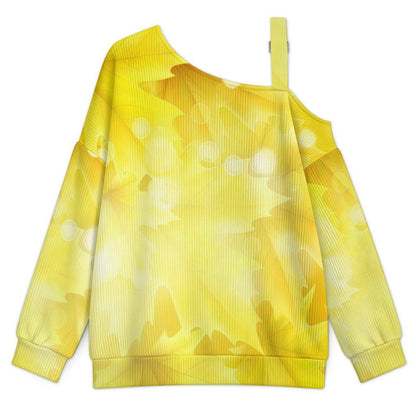Off-the-shoulder Sweater Yellow Maple Leaf  Asymmetric Cold Shoulder Knit Sweater for Women, Adjustable Buckle Strap Long Sleeve Casual Slouchy Pullover