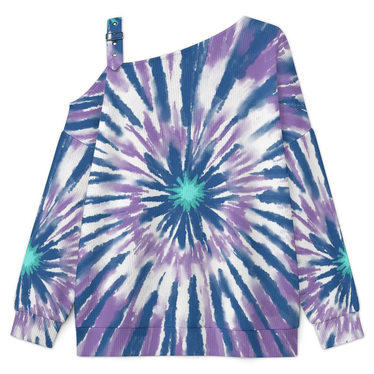 Off-the-shoulder Sweater Tie-dye Radiation Blue Purple  Asymmetric Cold Shoulder Knit Sweater for Women, Adjustable Buckle Strap Long Sleeve Casual Slouchy Pullover