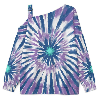 Off-the-shoulder Sweater Tie-dye Radiation Blue Purple  Asymmetric Cold Shoulder Knit Sweater for Women, Adjustable Buckle Strap Long Sleeve Casual Slouchy Pullover