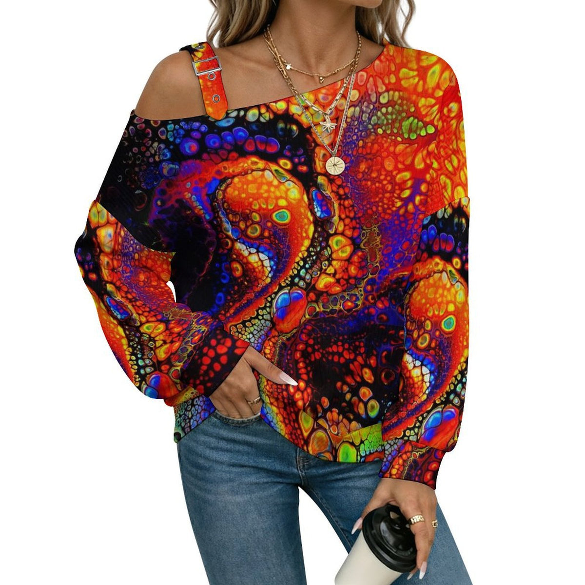 Off-the-shoulder Sweater Bubbles  Asymmetric Cold Shoulder Knit Sweater for Women, Adjustable Buckle Strap Long Sleeve Casual Slouchy Pullover
