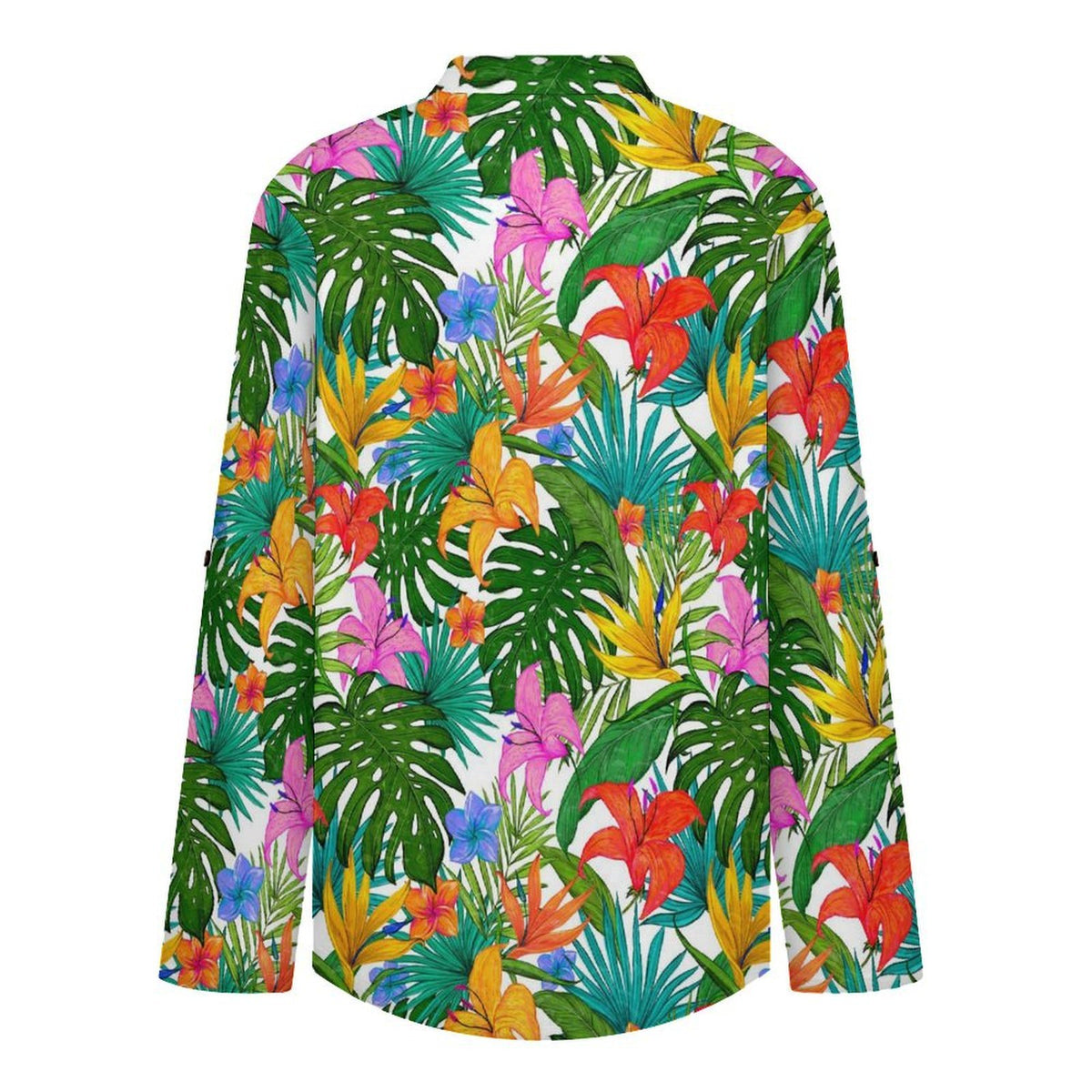 Stand-up Collar Long-sleeved Shirt Colorful Flowers And Green Leaves  Customization Women’s V-Neck Blouses,long Sleeve,Roll-Up Sleeve Shirt