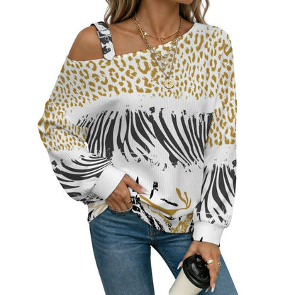 Off-the-shoulder Sweater Striped, Leopard  Asymmetric Cold Shoulder Knit Sweater for Women, Adjustable Buckle Strap Long Sleeve Casual Slouchy Pullover