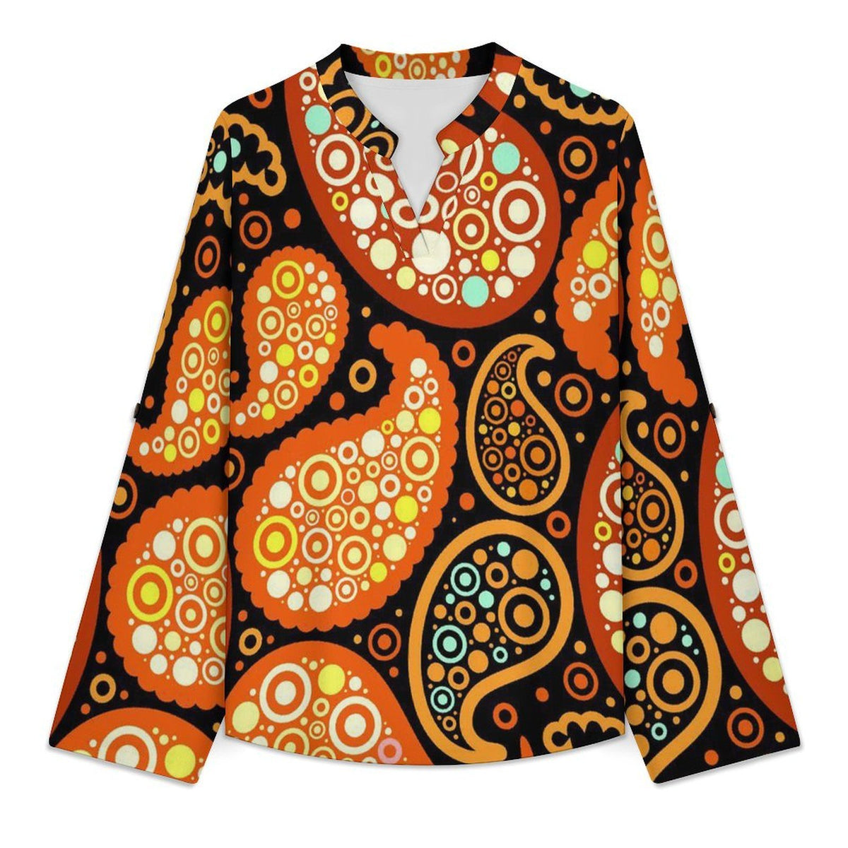 Stand-up Collar Long-sleeved Shirt Paisley  Customization Women’s V-Neck Blouses,long Sleeve,Roll-Up Sleeve Shirt