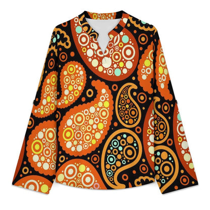Stand-up Collar Long-sleeved Shirt Paisley  Customization Women’s V-Neck Blouses,long Sleeve,Roll-Up Sleeve Shirt