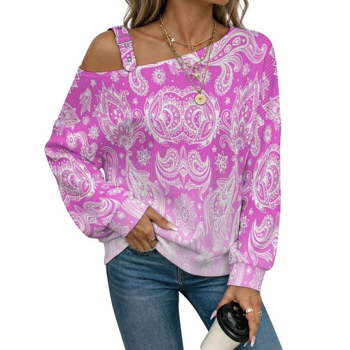 Fall Casual Asymmetric Shoulder Knit Top with Buckle Detail Paisley