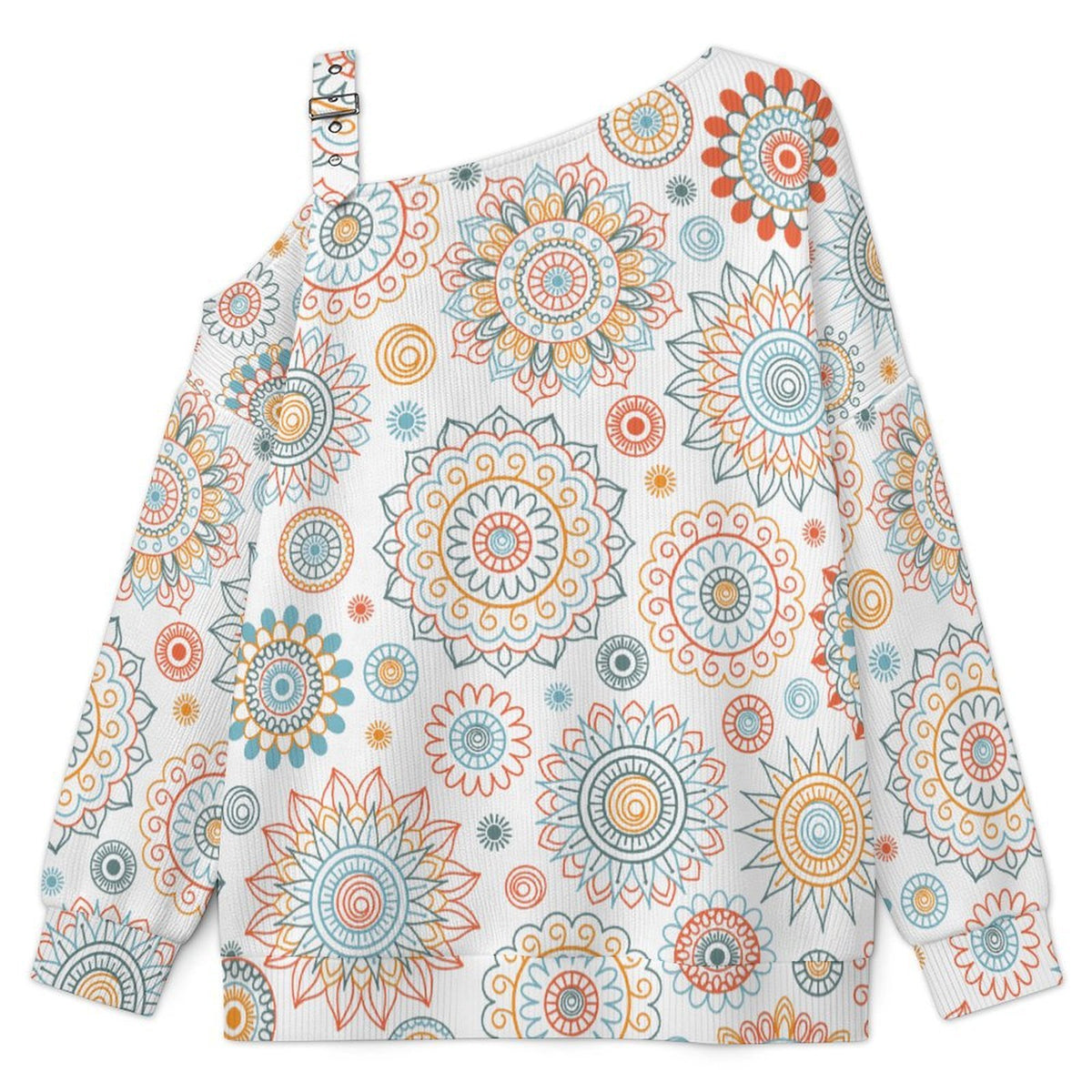 Repetitive Pattern Fall Casual Asymmetric Shoulder Knit Top with Buckle Detail