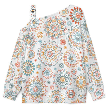 Repetitive Pattern Fall Casual Asymmetric Shoulder Knit Top with Buckle Detail