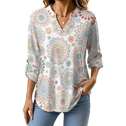 Repetitive Pattern  Versatile Notched V-Neck Tunic | Roll Tab 3/4 Sleeve Office Casual Top
