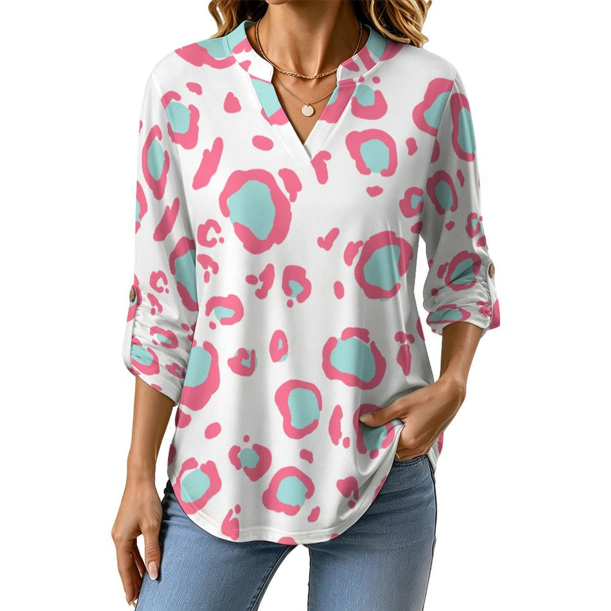 Women's Notched V Neck Tunic Tops, Roll Up 3/4 Sleeve Button Cuff Casual Blouse, Hem Loose Work Shirts  Pink Leopard Print