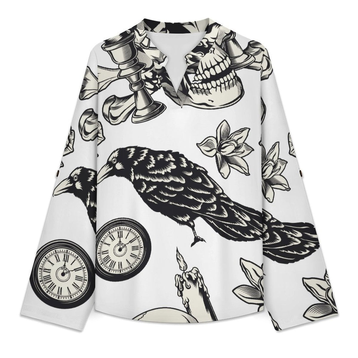 Skull Repeat Pattern  Versatile Notched V-Neck Tunic | Roll Tab 3/4 Sleeve Office Casual Top