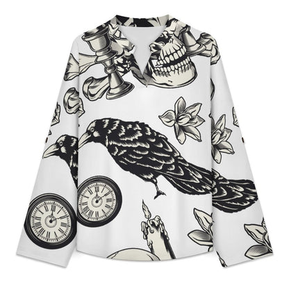 Skull Repeat Pattern  Versatile Notched V-Neck Tunic | Roll Tab 3/4 Sleeve Office Casual Top